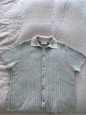 Les Deux Easton Knitted Short Sleeve Shirt Green Cream Size L